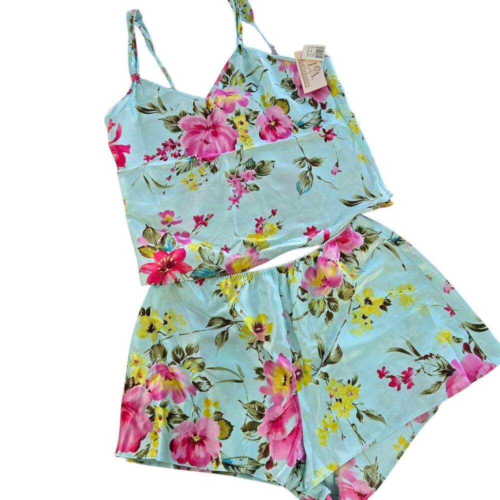 VTG LA Intimates Satin Pajama Set Blue Pink Floral Large Cami Tank Top Short NWT